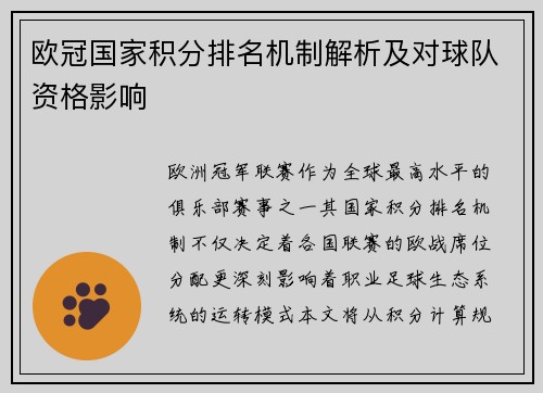 欧冠国家积分排名机制解析及对球队资格影响