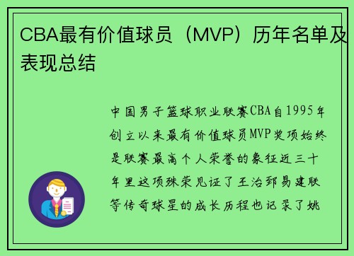 CBA最有价值球员(MVP)历年名单及表现总结