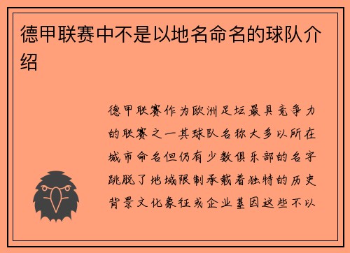 德甲联赛中不是以地名命名的球队介绍